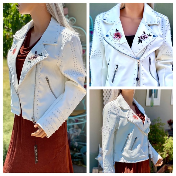 🎉HOST PICK🥳 NWT Blank NYC Floral Stud Trendy Zip Moto Bomber Crop Jacket - Picture 8 of 16